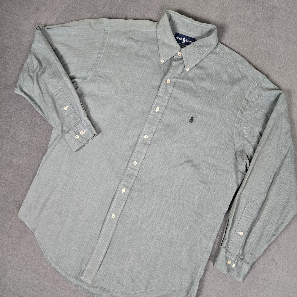 VTG 90s Polo Ralph Lauren Herringbone Shirt 15.5 32/33 Dress Yarmouth Turquoise